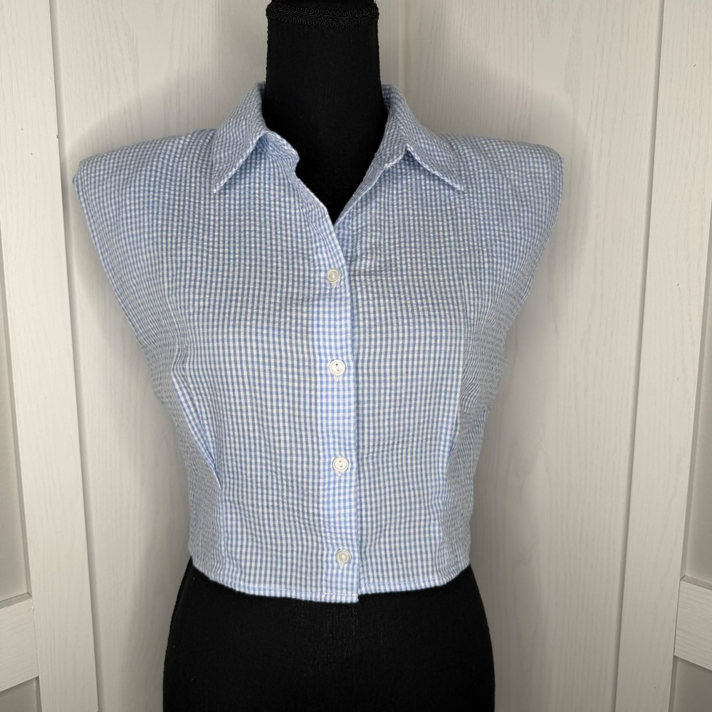 Y2K vintage Shinestar Button Down Top Women Sm Blue Gingham Padded Shoulder Crop